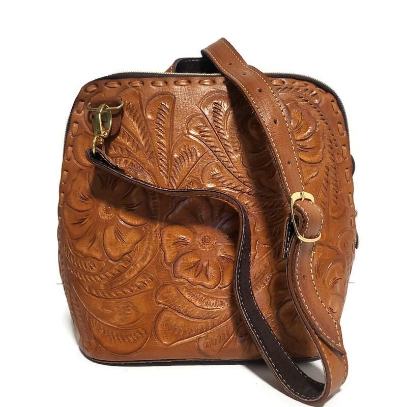 Hand tooled  Leather Womens Bag Backpack,  Brown, Rodeo  Bohemian  Boho-chic