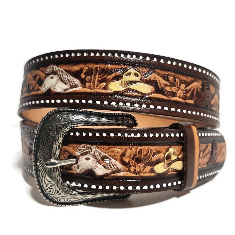Personalized Black Western Leather Belt for Men, Embossed Cowhide, Snap Buckle