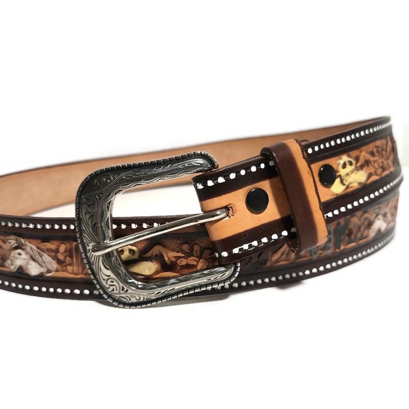 Personalized Black Western Leather Belt for Men, Embossed Cowhide, Snap Buckle