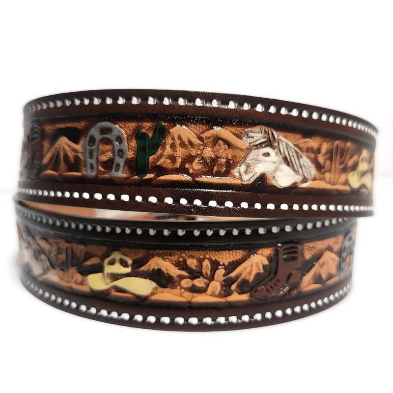 Personalized Black Western Leather Belt for Men, Embossed Cowhide, Snap Buckle