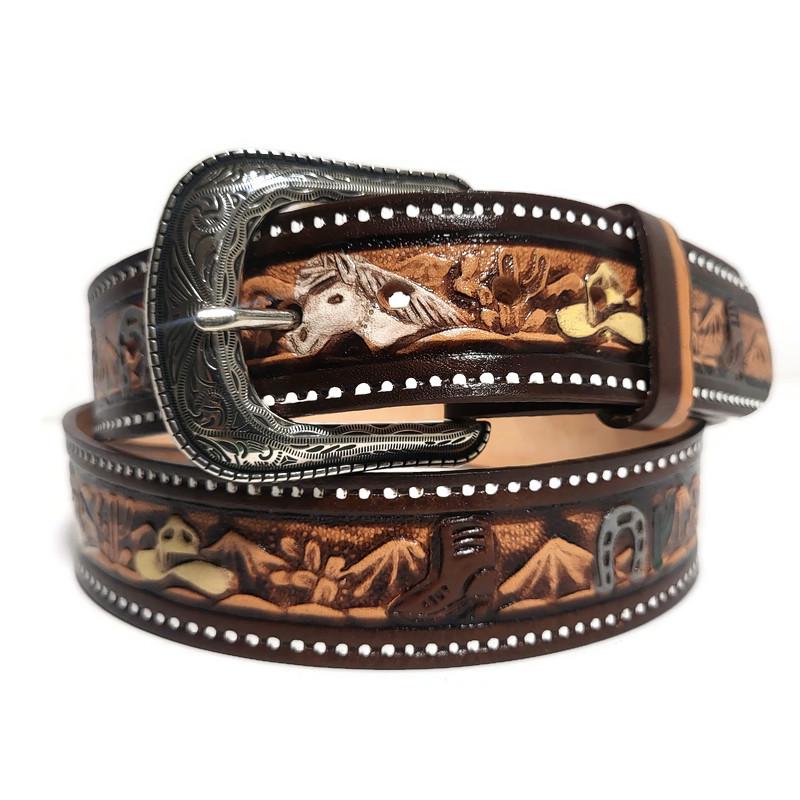 Personalized Black Western Leather Belt for Men, Embossed Cowhide, Snap Buckle