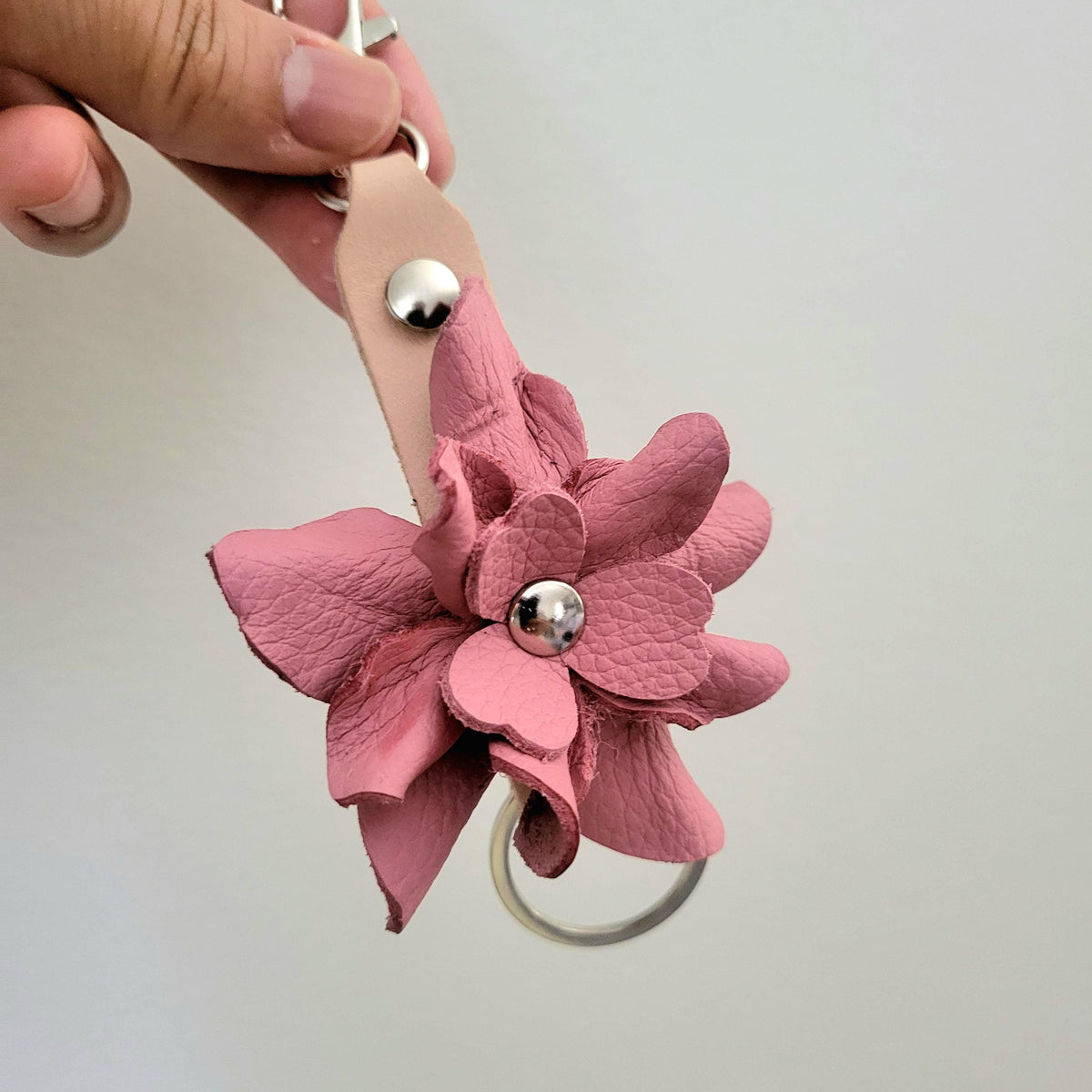Pink Leather Rose Keychain – Personalized Unique Handmade Flower Charm for Keys &amp; Bags