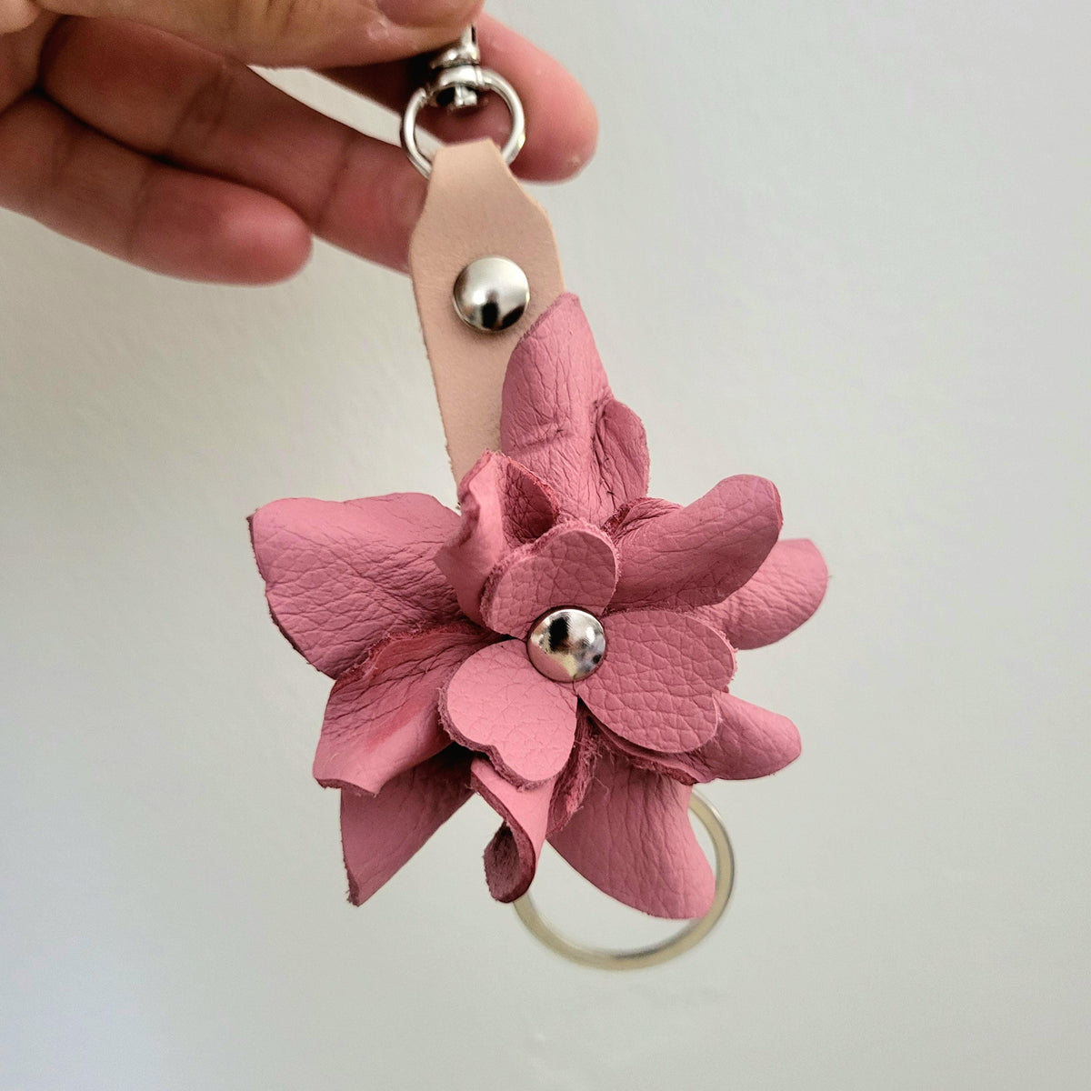 Pink Leather Rose Keychain – Personalized Unique Handmade Flower Charm for Keys &amp; Bags
