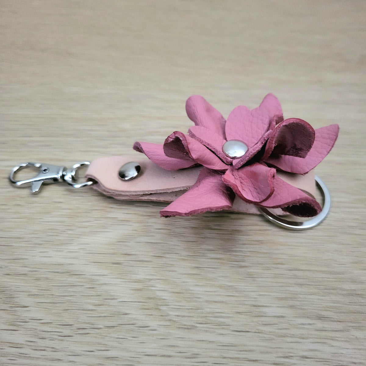 Pink Leather Rose Keychain – Personalized Unique Handmade Flower Charm for Keys &amp; Bags