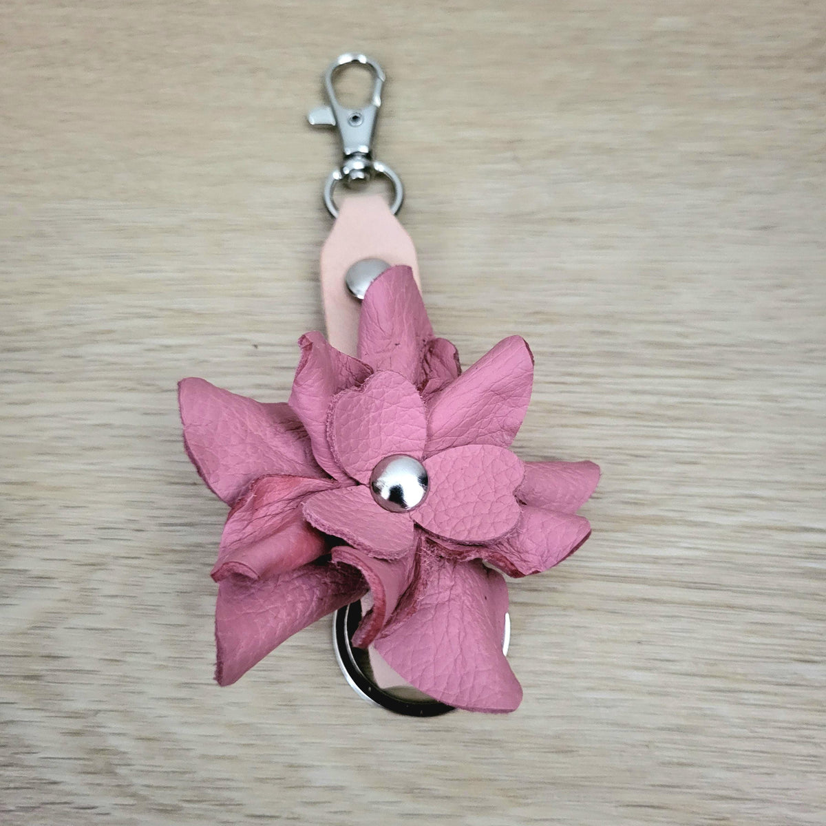 Pink Leather Rose Keychain – Personalized Unique Handmade Flower Charm for Keys &amp; Bags