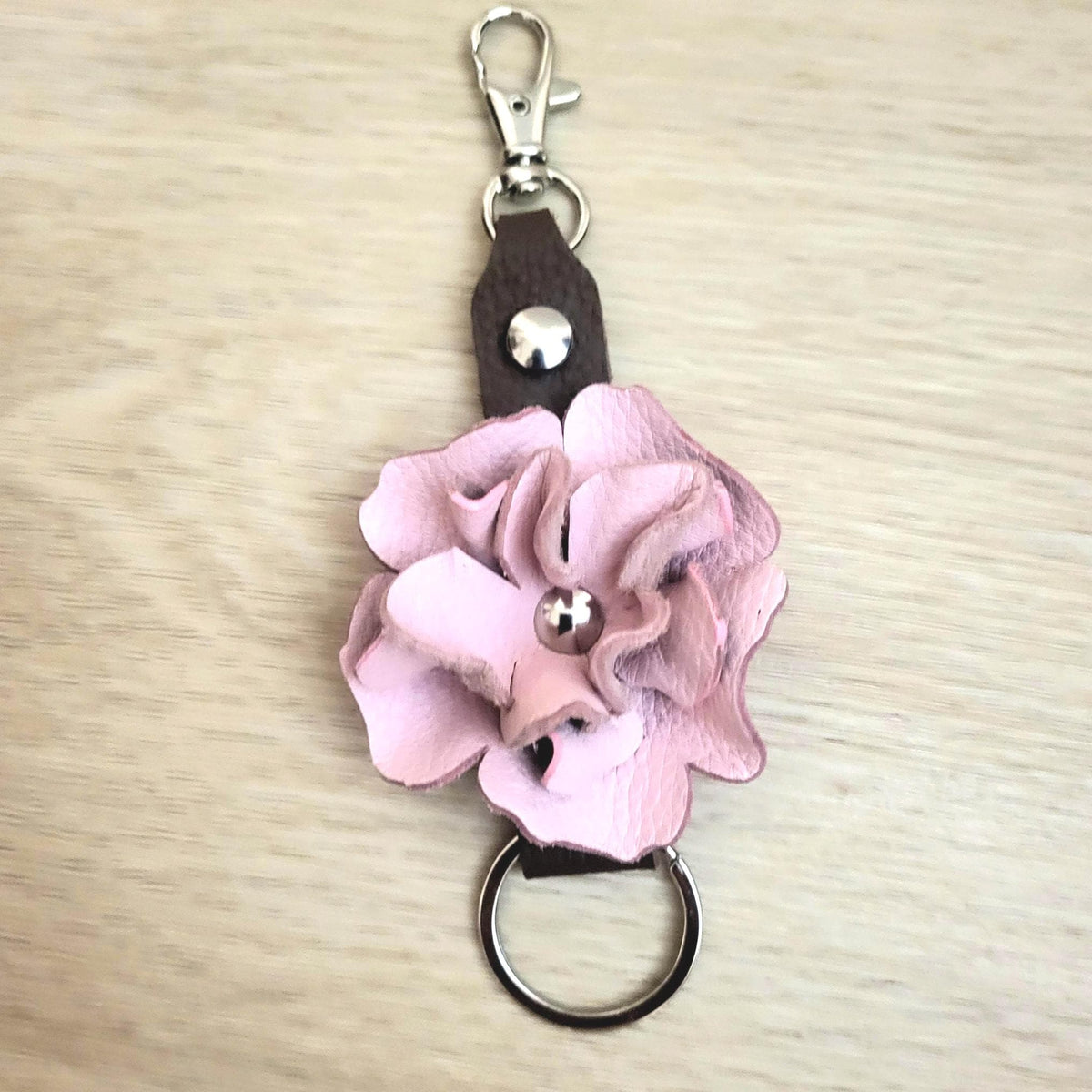 Pink Leather Rose Keychain – Personalized Unique Handmade Flower Charm for Keys &amp; Bags