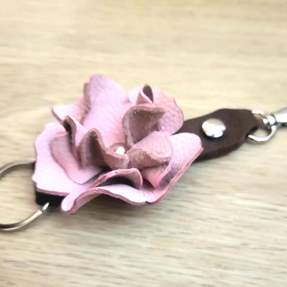 Pink Leather Rose Keychain – Personalized Unique Handmade Flower Charm for Keys &amp; Bags