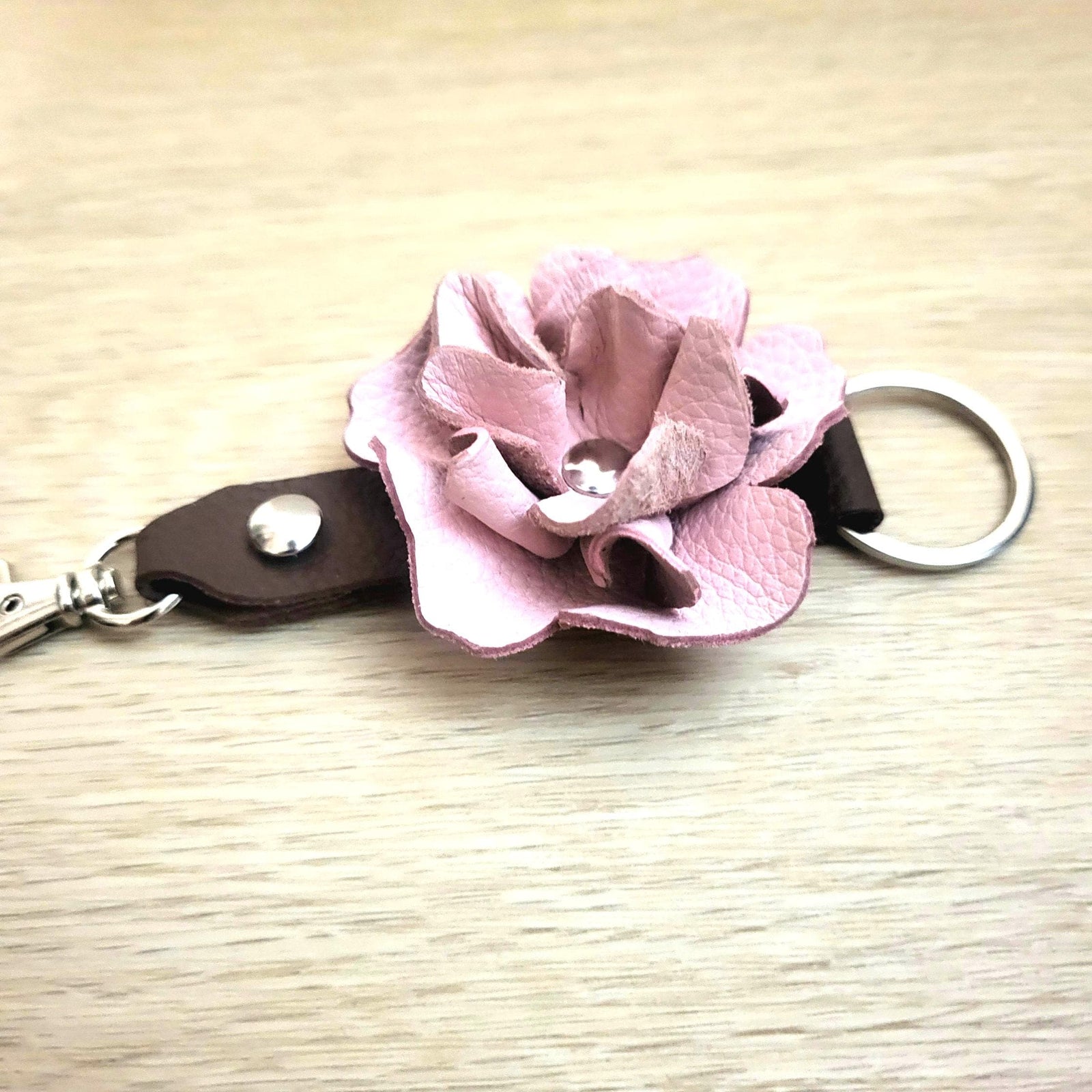 Pink Leather Rose Keychain – Personalized Unique Handmade Flower Charm for Keys & Bags