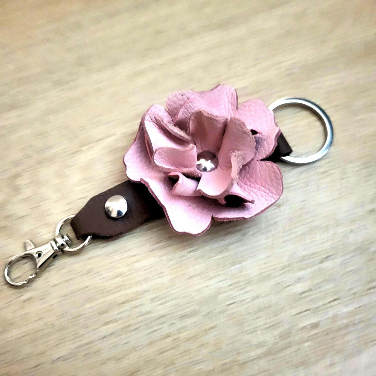 Pink Leather Rose Keychain – Personalized Unique Handmade Flower Charm for Keys &amp; Bags