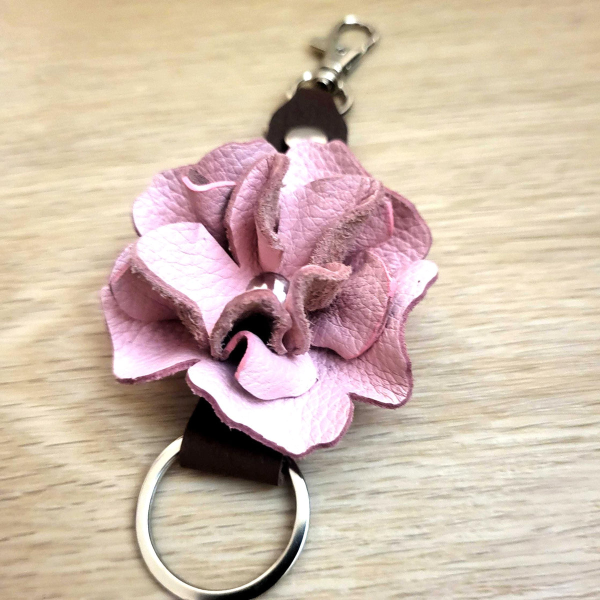 Pink Leather Rose Keychain – Personalized Unique Handmade Flower Charm for Keys &amp; Bags