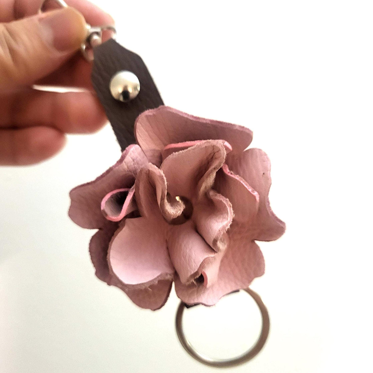 Pink Leather Rose Keychain – Personalized Unique Handmade Flower Charm for Keys &amp; Bags