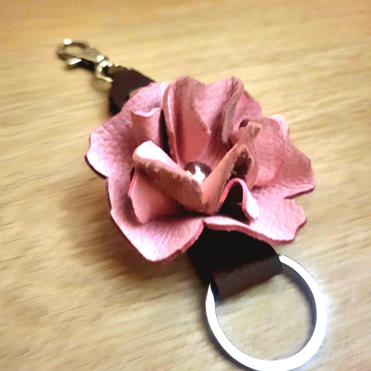 Pink Leather Rose Keychain – Personalized Unique Handmade Flower Charm for Keys &amp; Bags