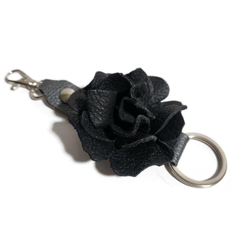Black Leather Rose Keychain – Personalized Unique Handmade Flower Charm for Keys &amp; Bags