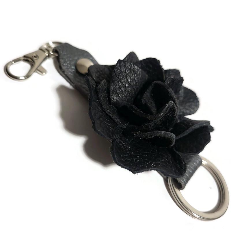 Black Leather Rose Keychain – Personalized Unique Handmade Flower Charm for Keys &amp; Bags