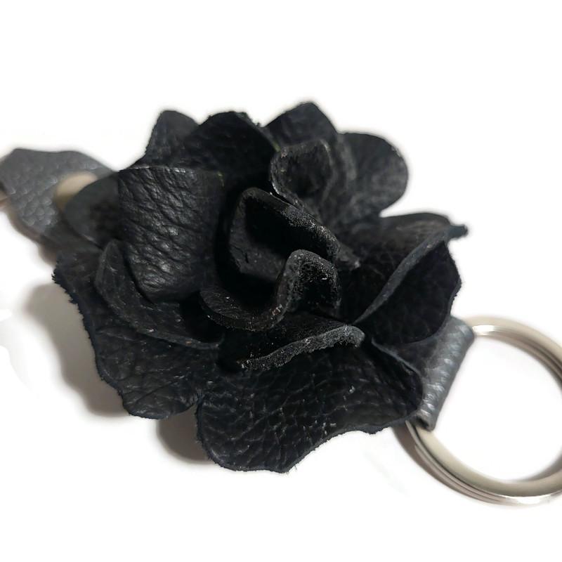 Black Leather Rose Keychain – Personalized Unique Handmade Flower Charm for Keys &amp; Bags