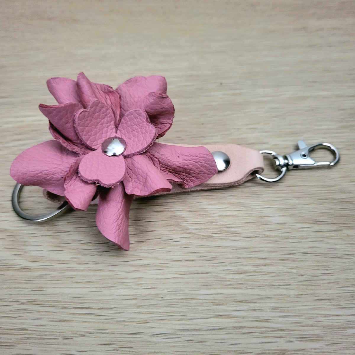 Pink Leather Rose Keychain – Personalized Unique Handmade Flower Charm for Keys &amp; Bags