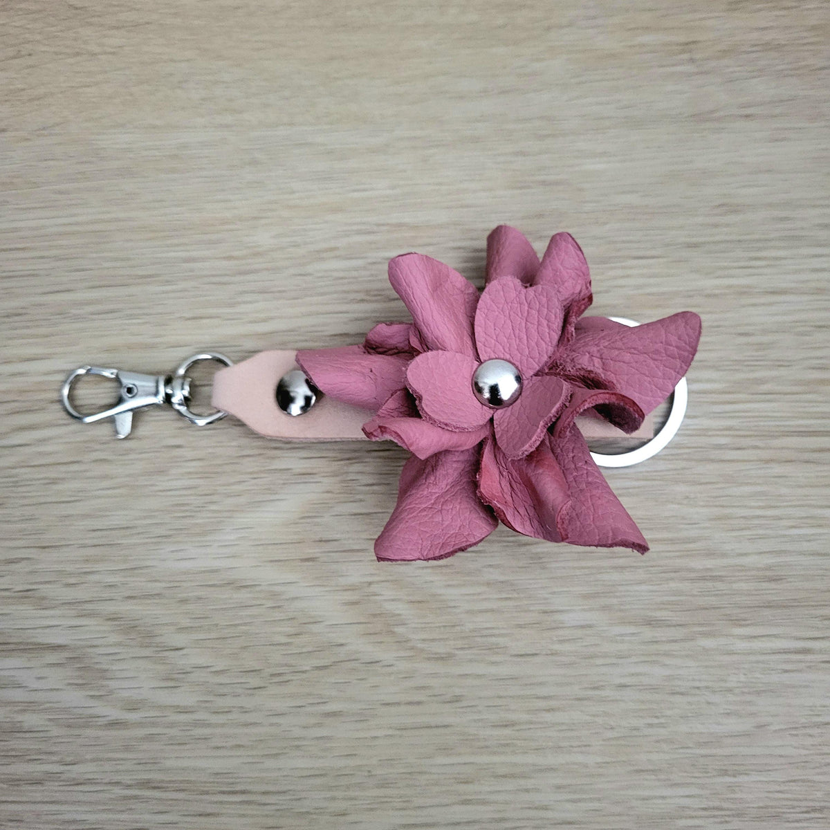 Pink Leather Rose Keychain – Personalized Unique Handmade Flower Charm for Keys &amp; Bags