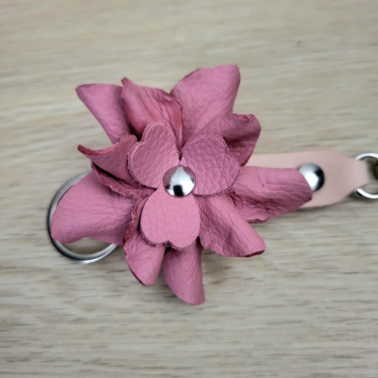 Pink Leather Rose Keychain – Personalized Unique Handmade Flower Charm for Keys & Bags