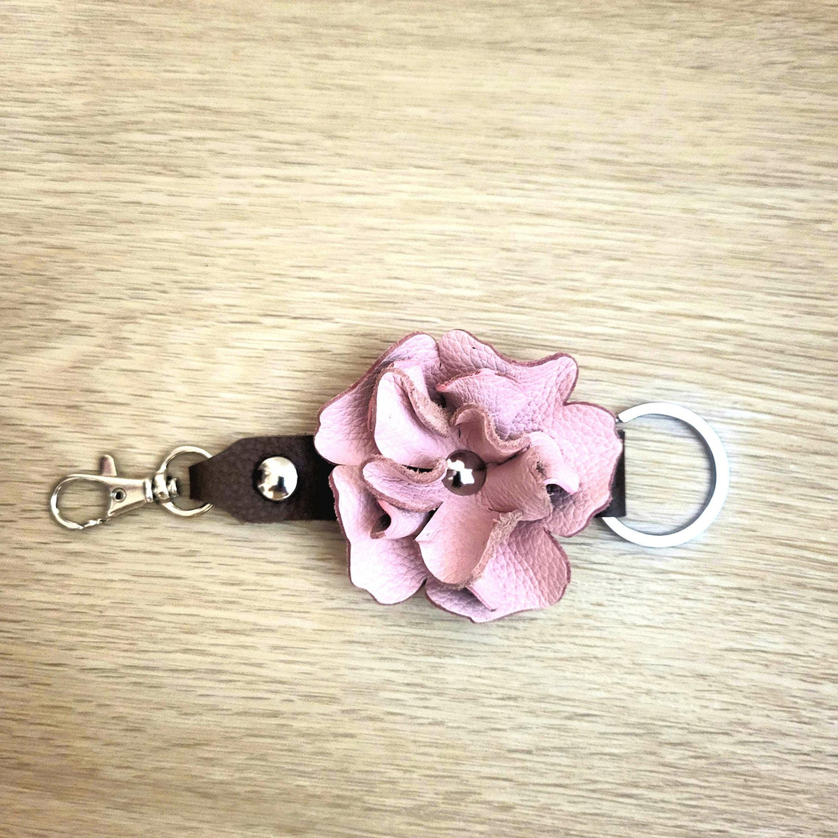 Pink Leather Rose Keychain – Personalized Unique Handmade Flower Charm for Keys &amp; Bags