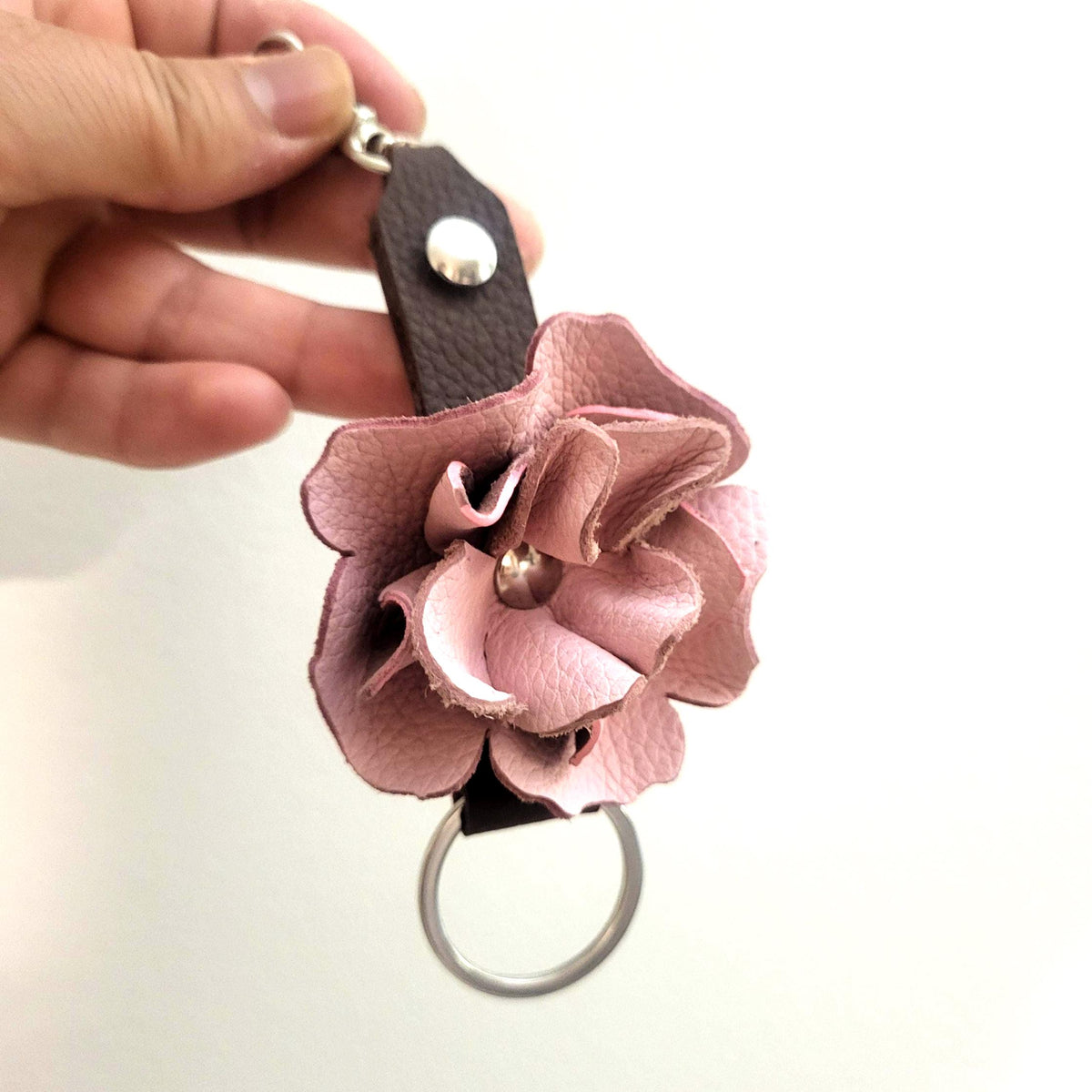 Pink Leather Rose Keychain – Personalized Unique Handmade Flower Charm for Keys &amp; Bags