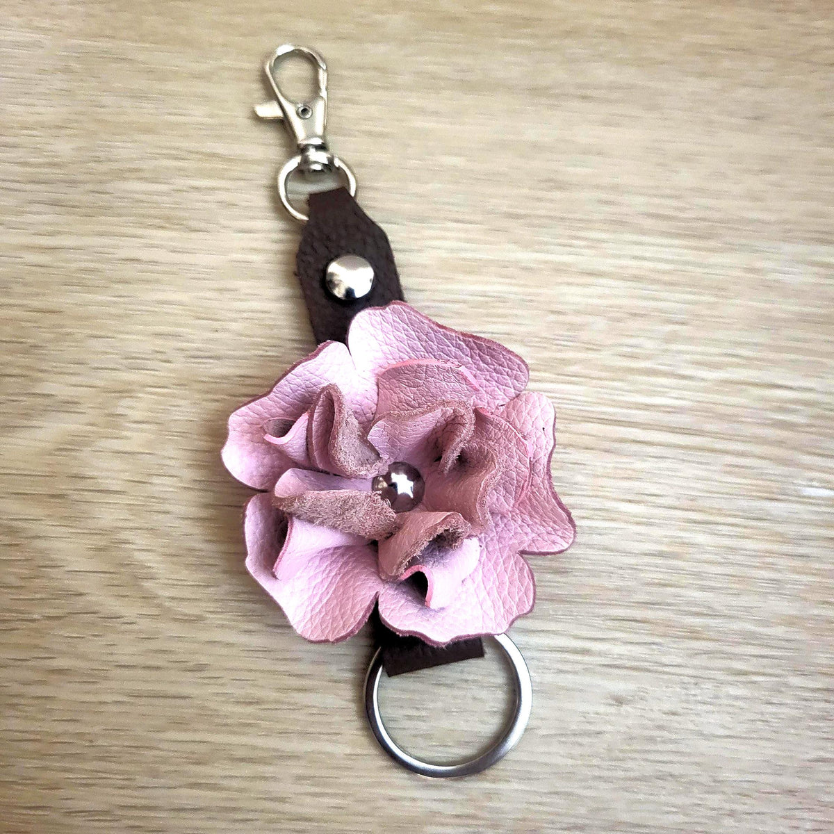Pink Leather Rose Keychain – Personalized Unique Handmade Flower Charm for Keys &amp; Bags