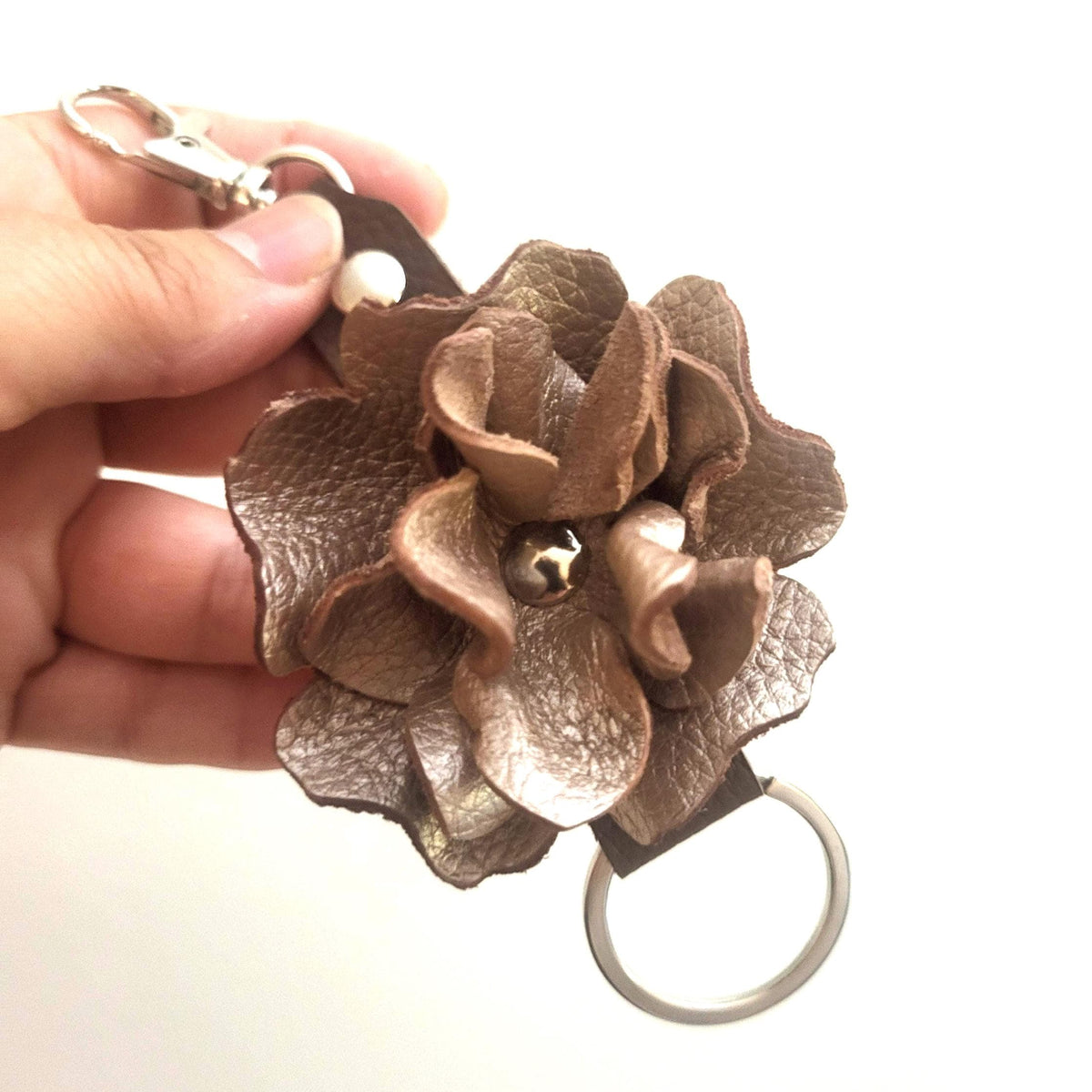 Golden  Leather Rose Keychain – Personalized Unique Handmade Flower Charm for Keys &amp; Bags