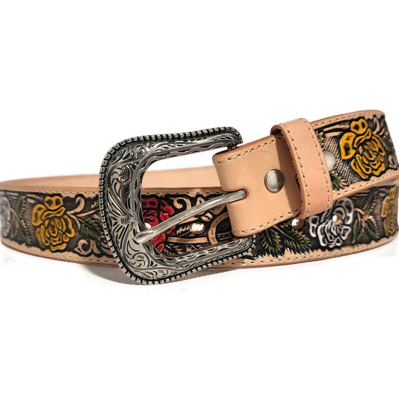 Floral Embossed  Leather Belt for Women,  Boho Bohemian Rodeo Style