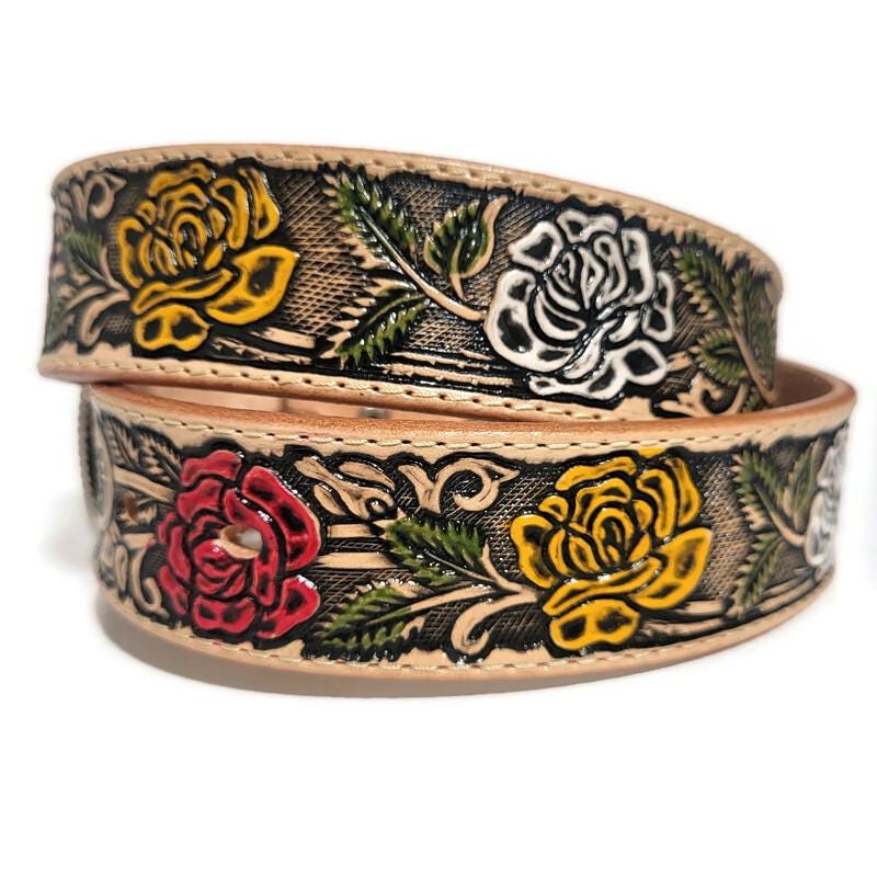 Floral Embossed  Leather Belt for Women,  Boho Bohemian Rodeo Style