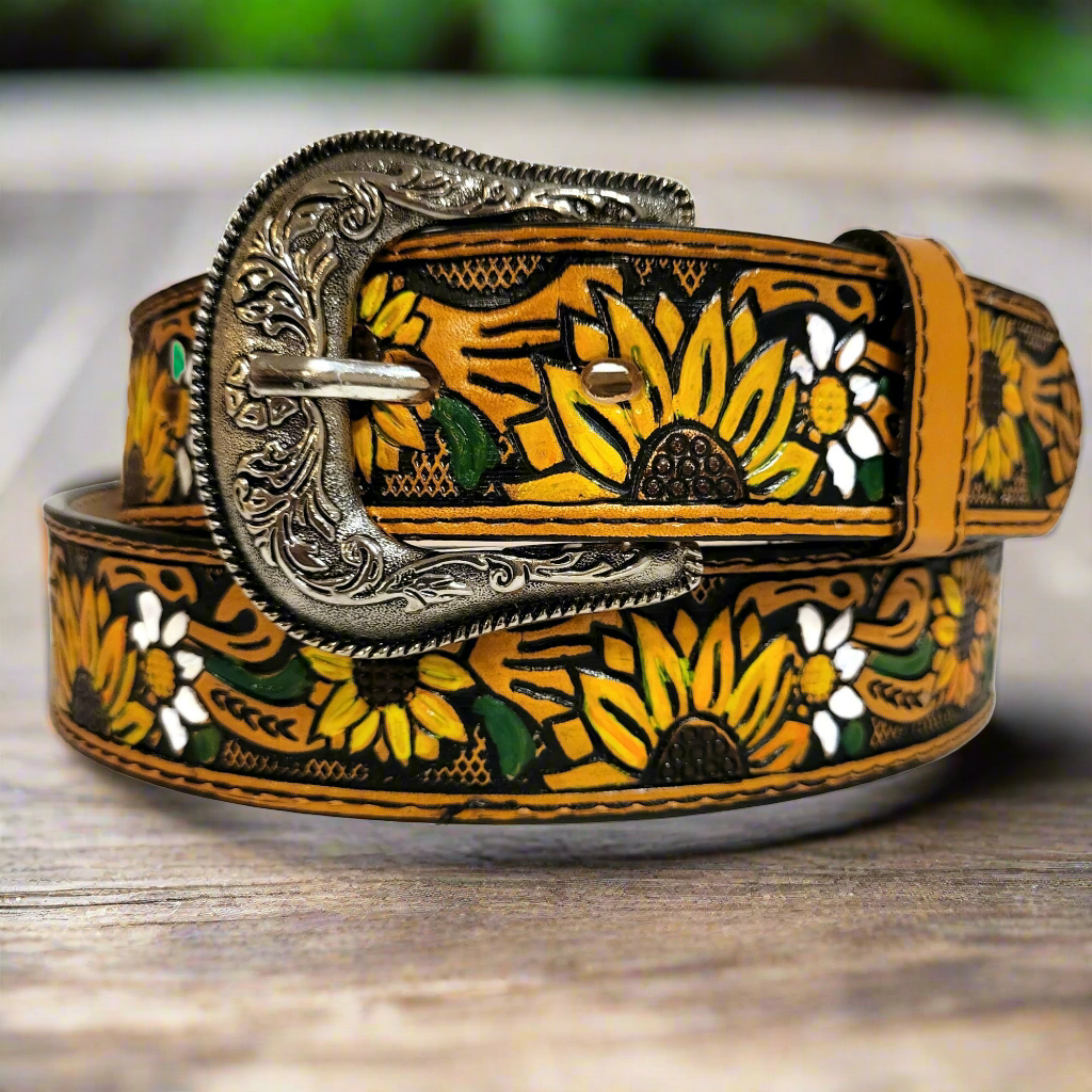 Sunflower leather belt for women , handmade,  cowgirl, vintage, western , casual belt,  jeans belt 