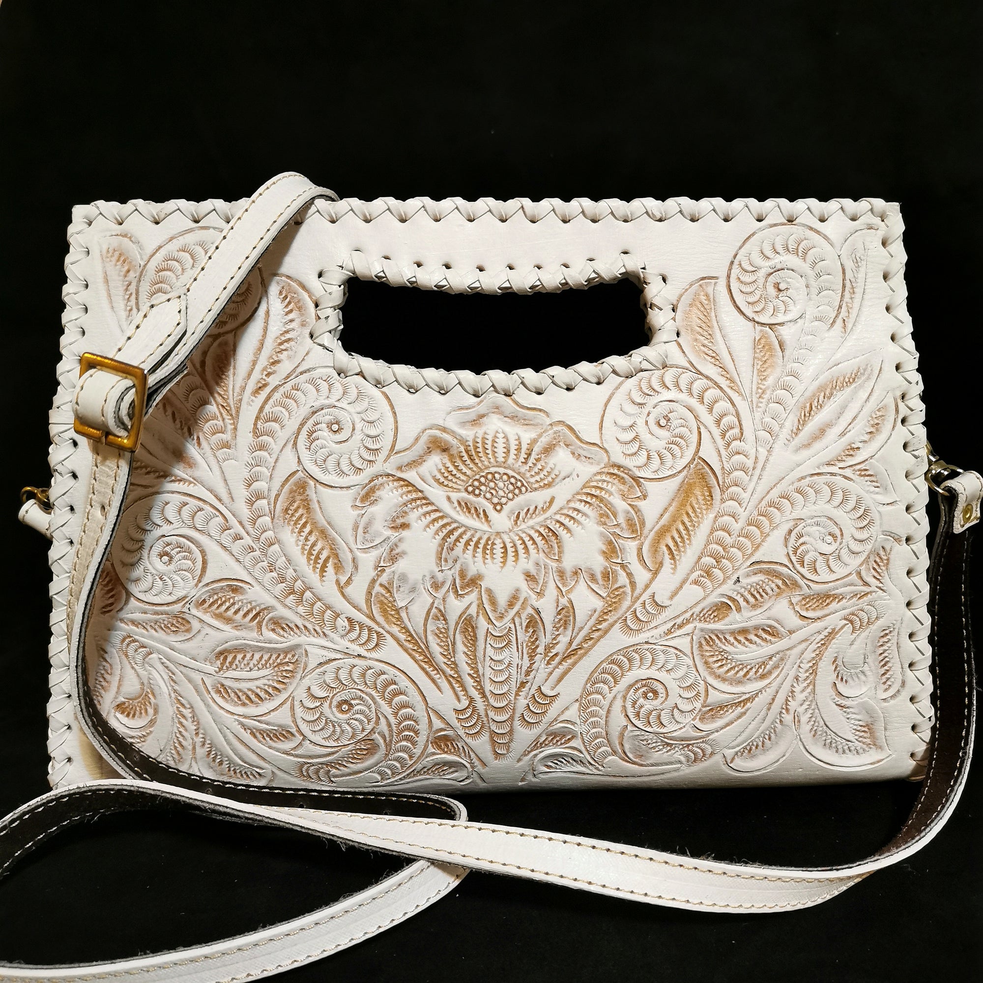 Hand tooled leather bag for women, leather handbag, women leather purse. white leather bag