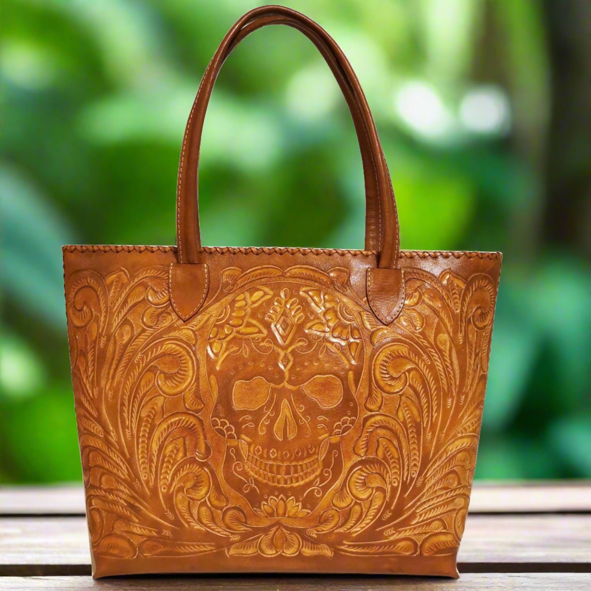 Tote leather bag, Hand tooled leather, skull bag . leather bag for women, Hand carved leather bag