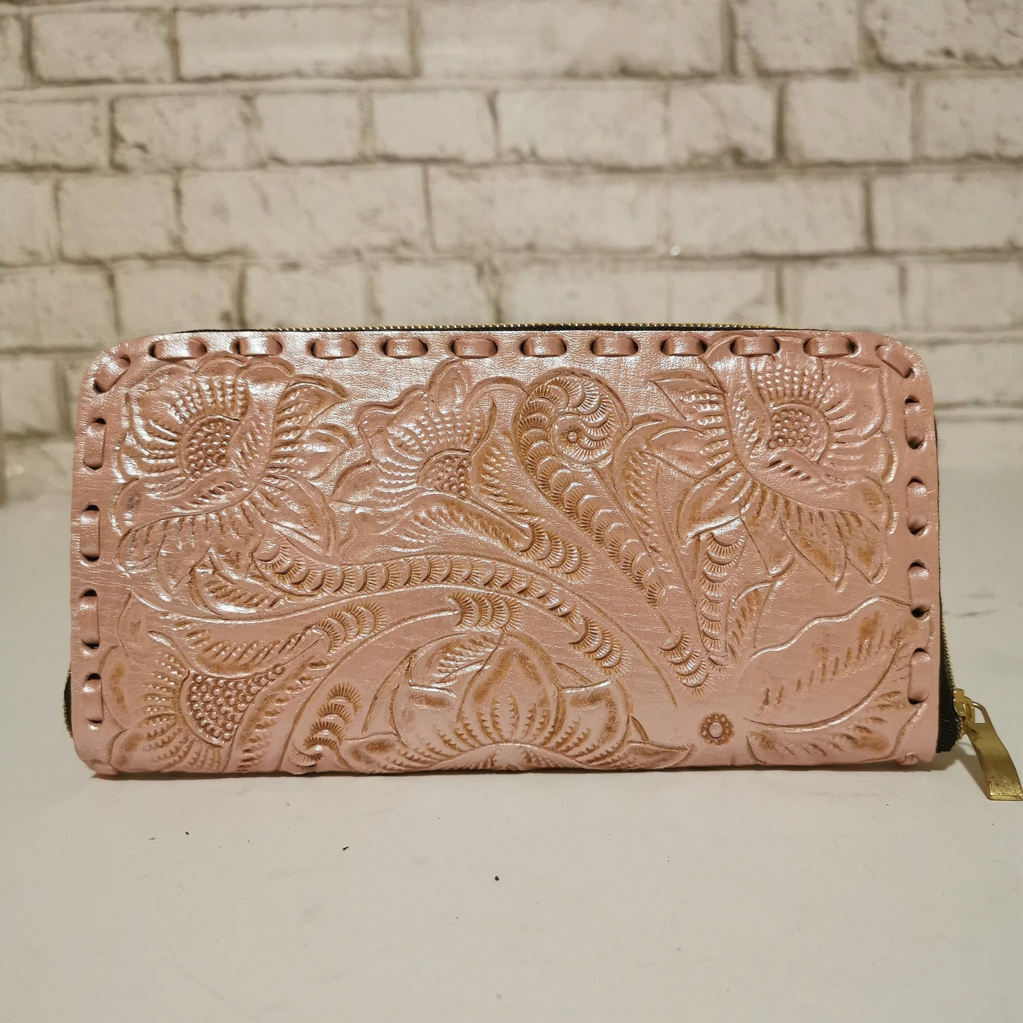 large wallet for women, handmade, genuine leather, pink