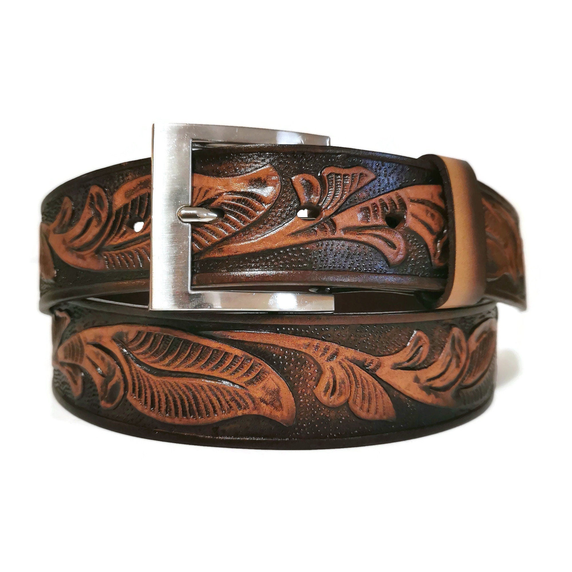 Brown leather belt for men,  real leather belt for men , embossed belt for men, belt for jeans, casual belt for him