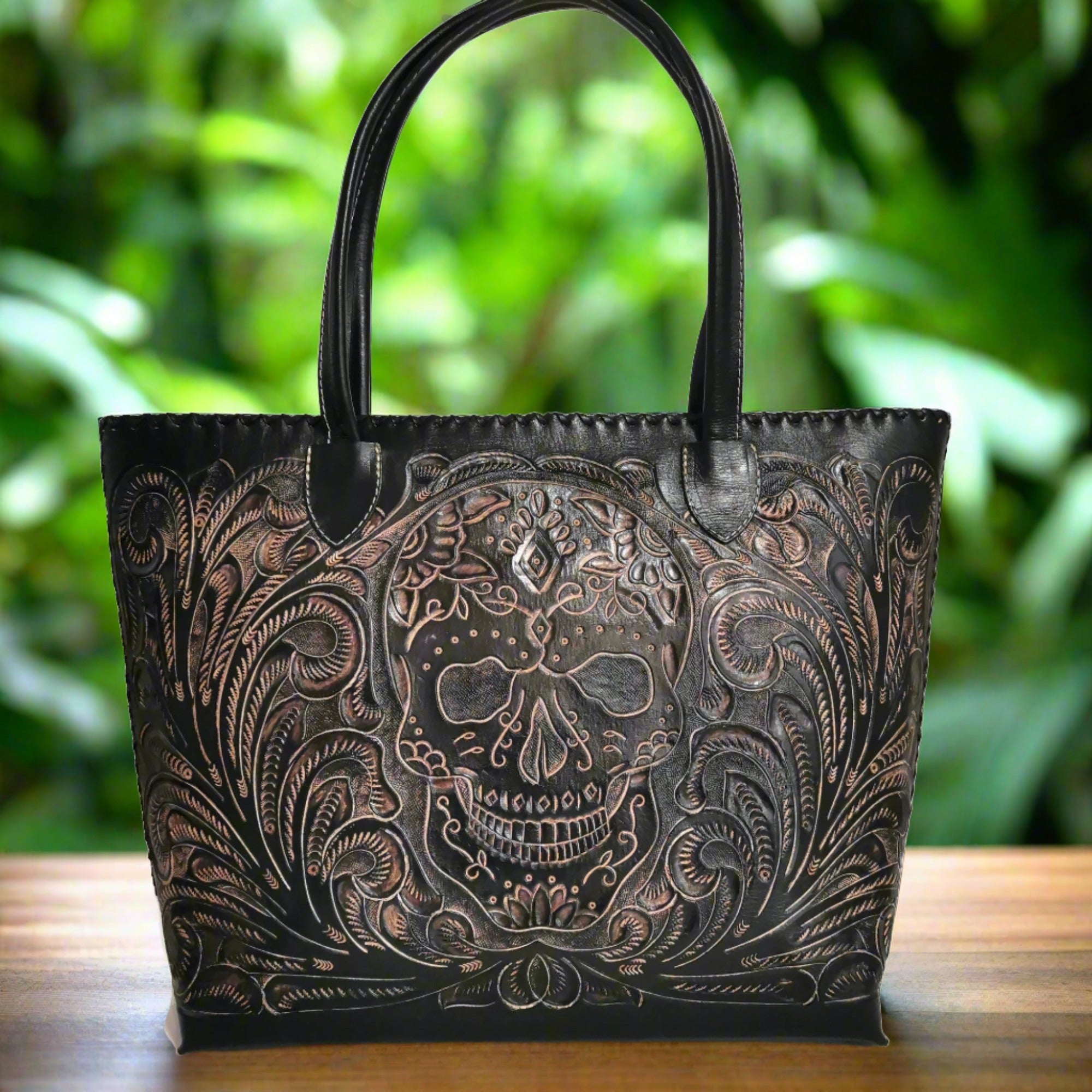 Leather tote bag, hand tooled leather bag for women