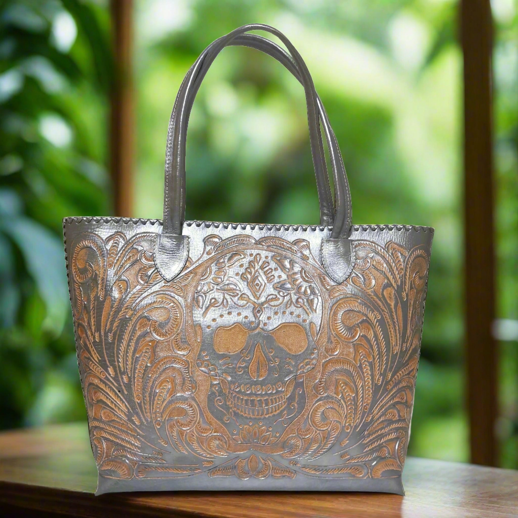 leather tote bag, hand tooled leather bag